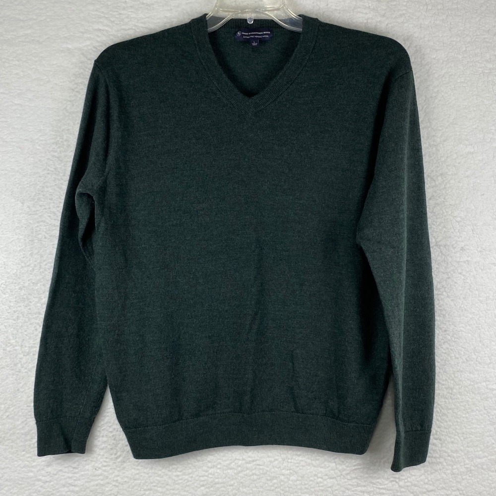Hart Schaffner Marx Mens Extra Fine 100% Merino Wool V-Neck Sweater Green Large